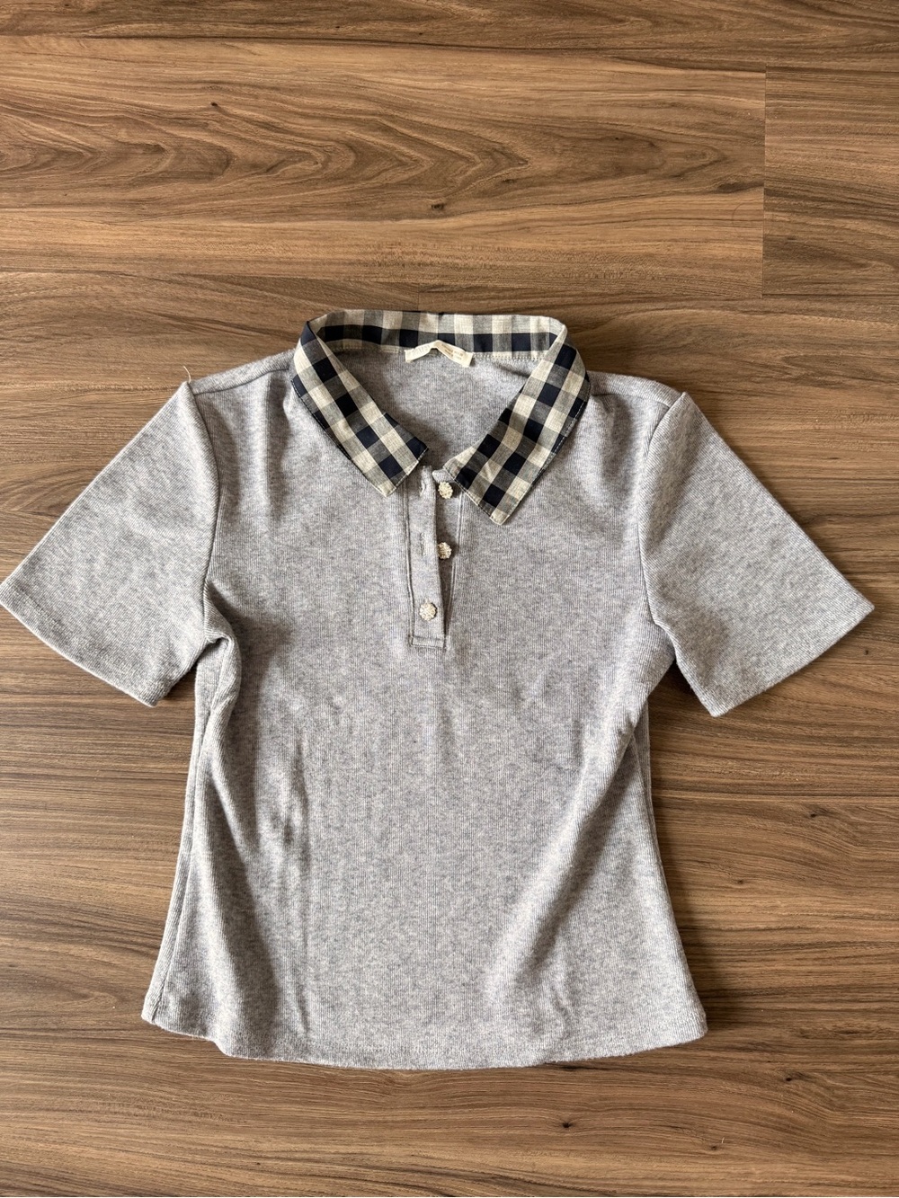 Zara Gray Polo with Black-and-White Check Collar